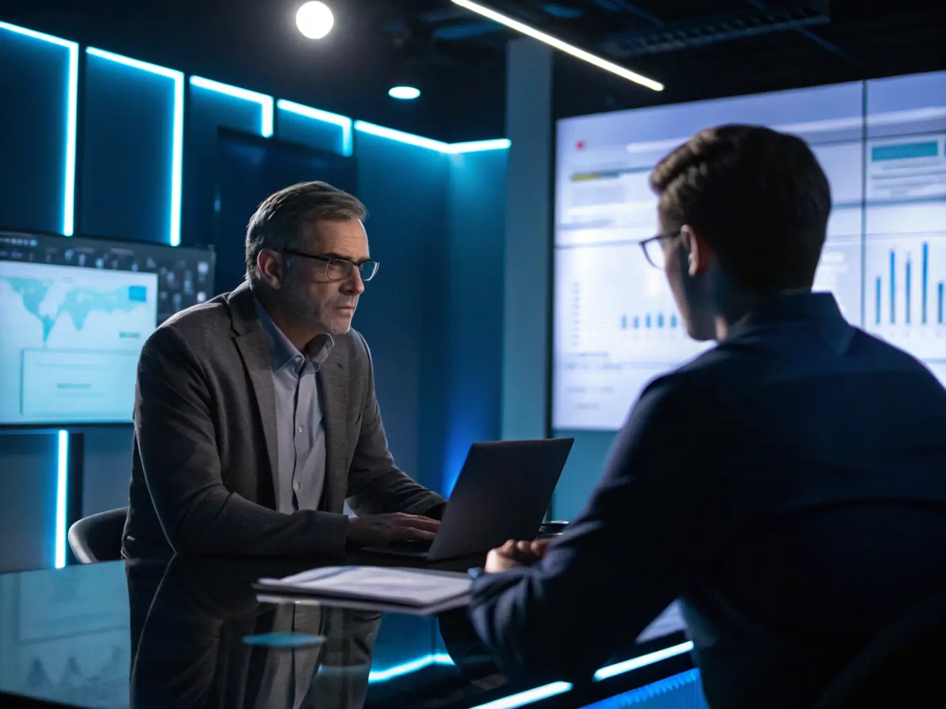 An IT consultant advising a client on technology solutions, with a focus on cloud computing, cybersecurity, and data management.