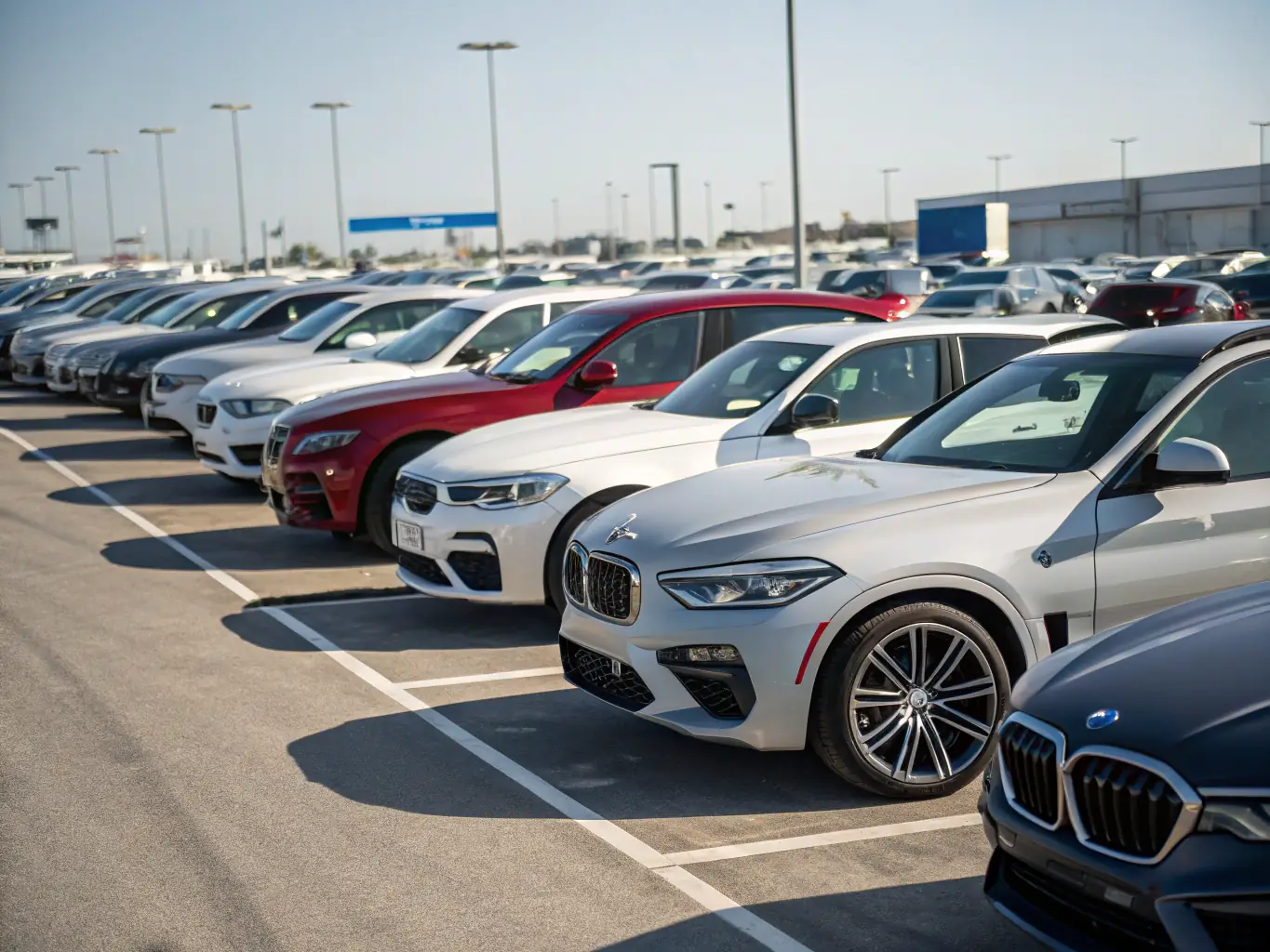 A fleet of well-maintained, diverse vehicles (cars, SUVs, vans) parked neatly in a rental lot, representing the variety of rental options available at HSR Solutions LLC.