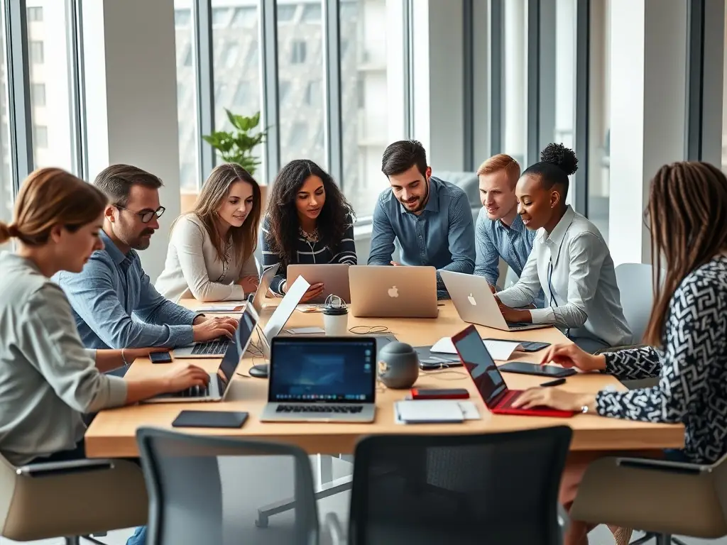 An image showcasing a team working on laptops with digital graphs and analytics on screens, symbolizing digital transformation. The image should convey innovation and technological advancement.