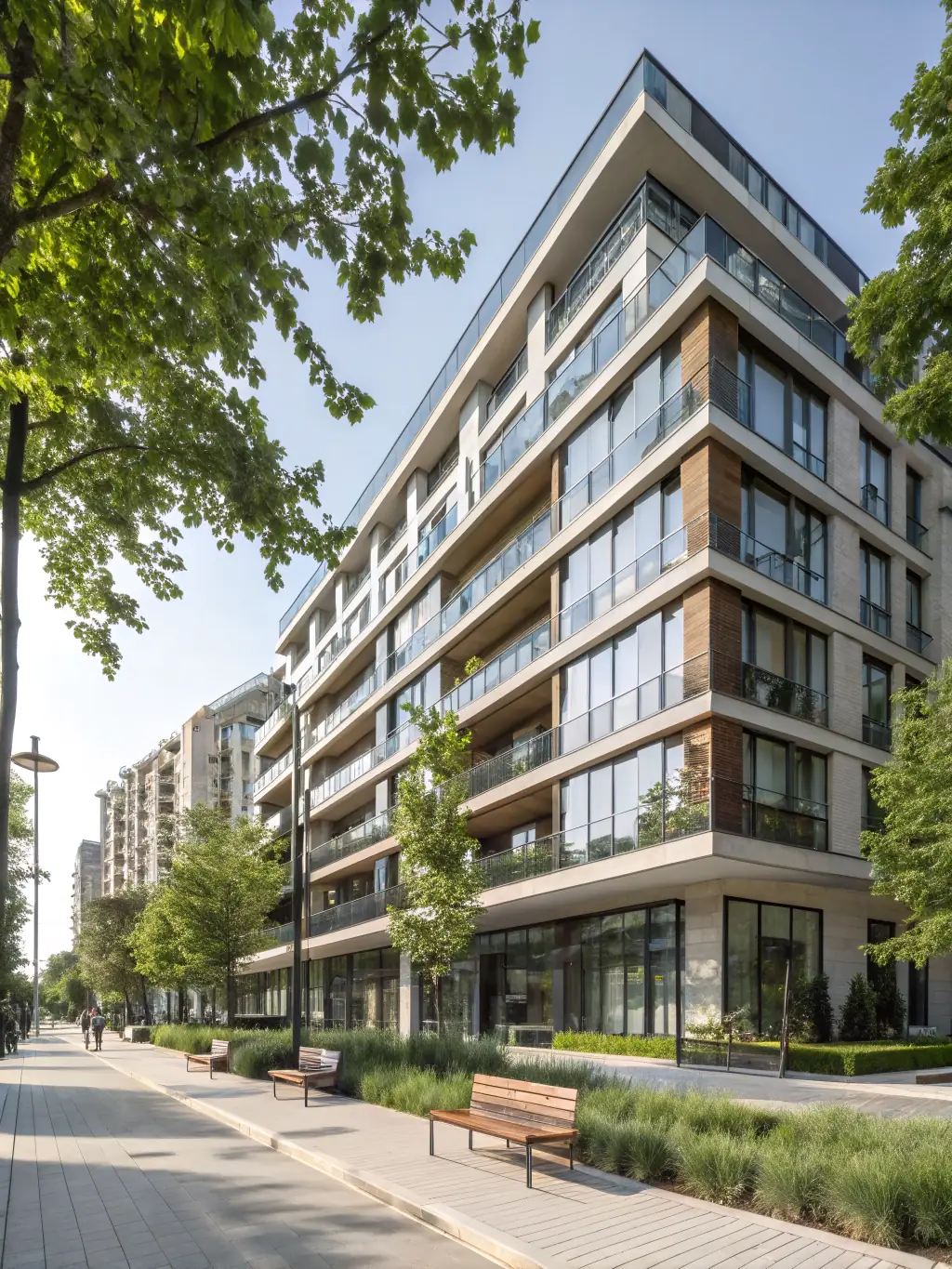 A modern apartment building with large windows and balconies, showcasing urban living and investment potential in the real estate market.