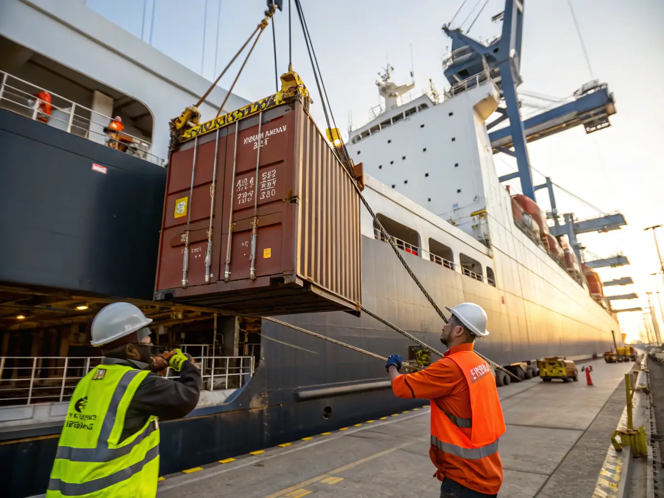 An image of various vehicles being loaded onto a shipping container, with a logistics team coordinating the process. The scene captures the complexity and efficiency of vehicle import/export operations.