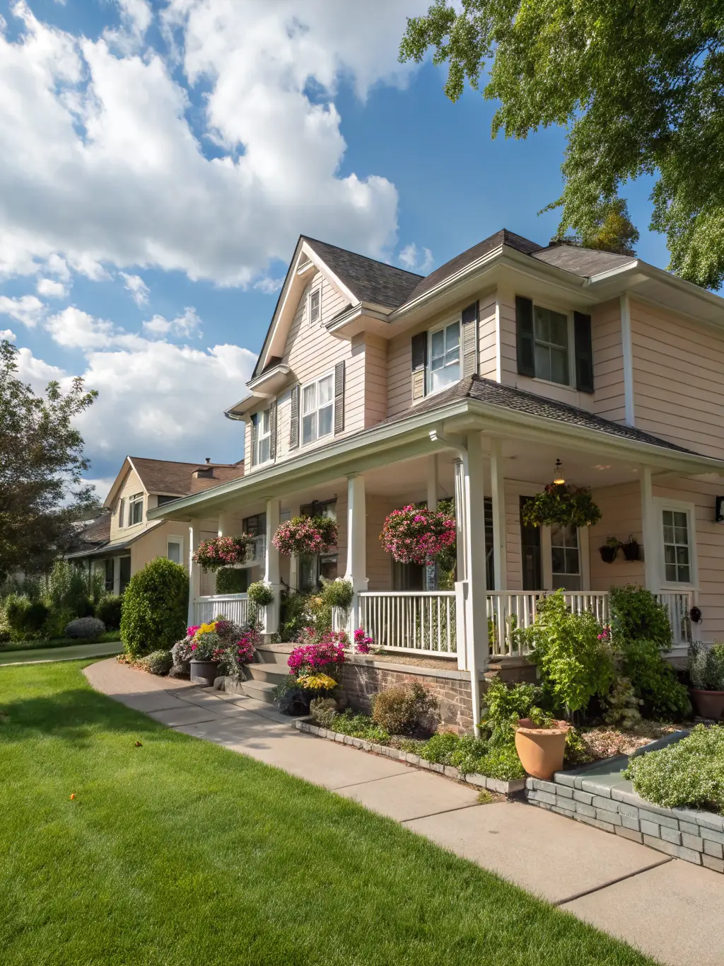 A family house in a suburban area with a green lawn, representing residential real estate services for families looking to buy or rent homes.