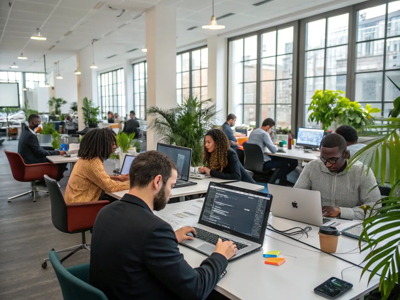 An image showcasing a team working on laptops with digital graphs and analytics on screens, symbolizing digital transformation. The setting is a modern office environment, emphasizing innovation and technology.
