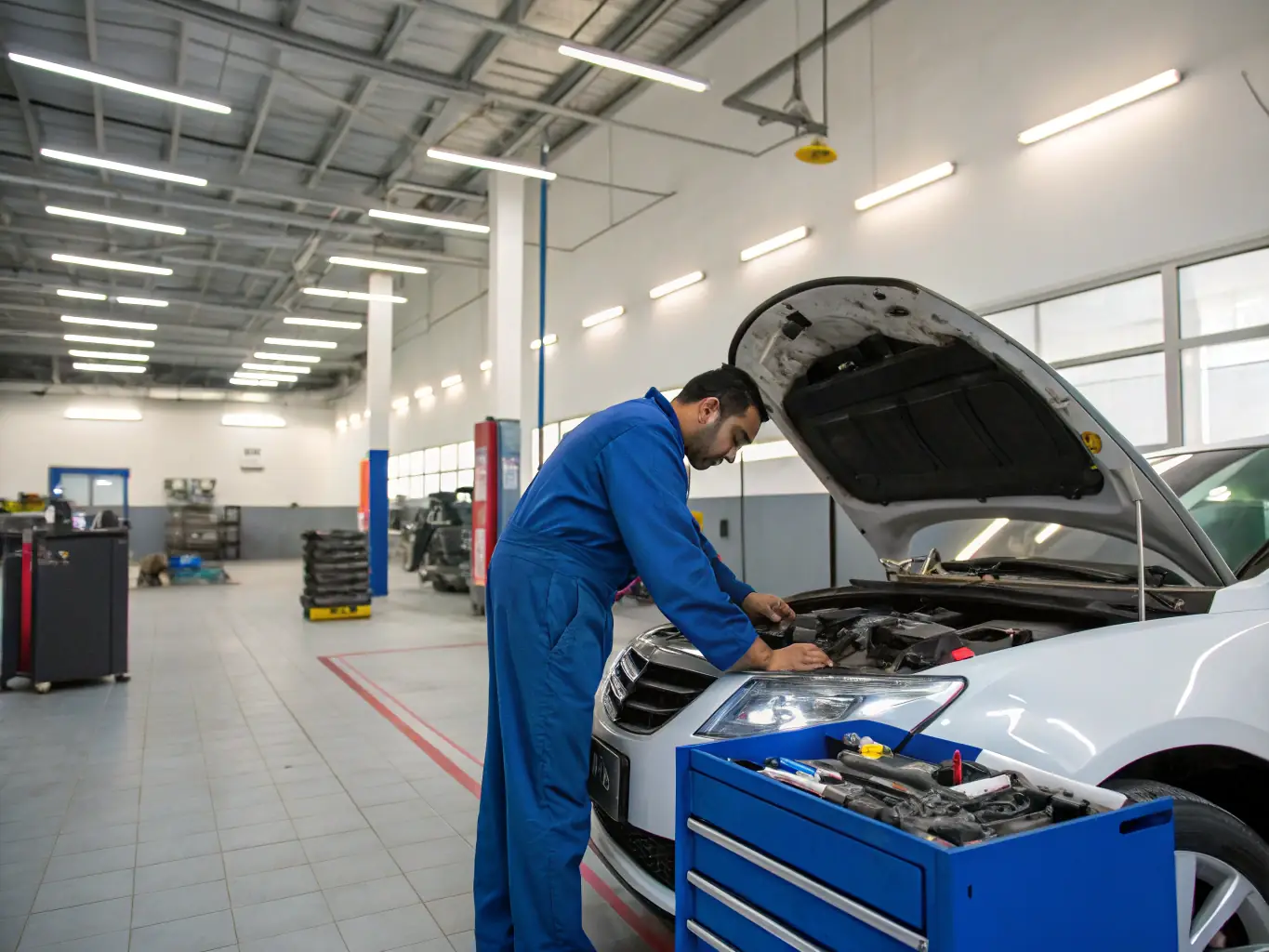 A mechanic is performing routine maintenance on a vehicle in a clean and organized service bay, highlighting the maintenance and care provided by HSR Solutions LLC.