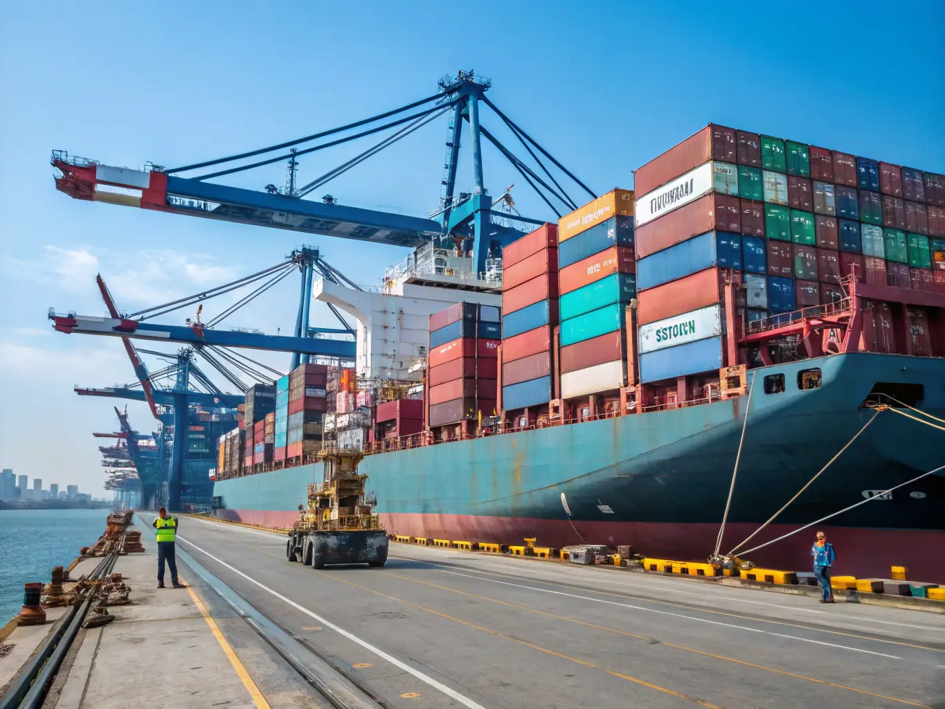 A modern cargo ship is docked at a bustling port, with various vehicles being loaded and unloaded, symbolizing the import/export services of HSR Solutions LLC.
